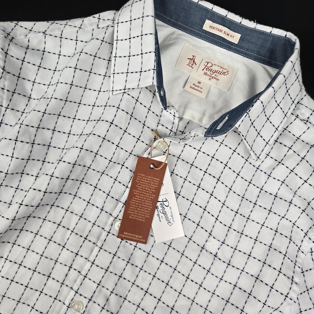 Original Penguin Mens Heritage Slim Fit Grid Button Down Shirt White OPWH8C23 M